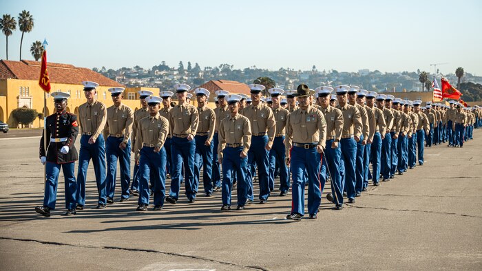 U.S. Marines with Fox Company, 2nd Recruit Training Battalion, march in formation during a graduation ceremony at Marine Corps Recruit Depot San Diego, California, Dec. 20, 2024. This ceremony marked the end of a 13-week transformation process that included training in drill, marksmanship, basic combat skills, and Marine Corps customs and traditions. (U.S. Marine Corps photo by Lance Cpl. Eric Valerio)