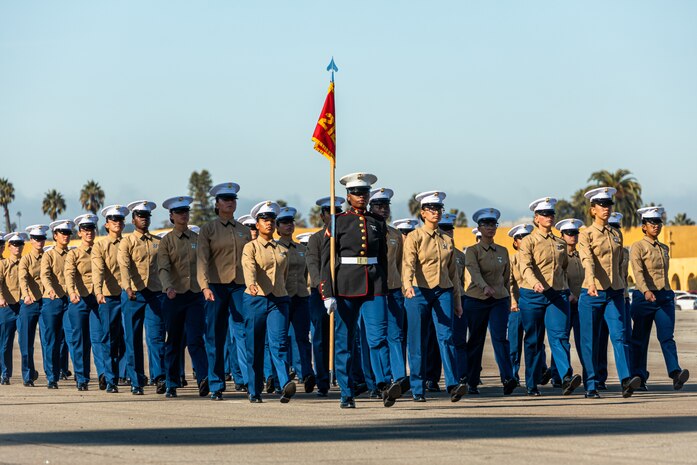 U.S. Marines with Fox Company, 2nd Recruit Training Battalion, march in formation during a graduation ceremony at Marine Corps Recruit Depot San Diego, California, Dec. 20, 2024. This ceremony marked the end of a 13-week transformation process that included training in drill, marksmanship, basic combat skills, and Marine Corps customs and traditions. (U.S. Marine Corps photo by Lance Cpl. Eric Valerio)