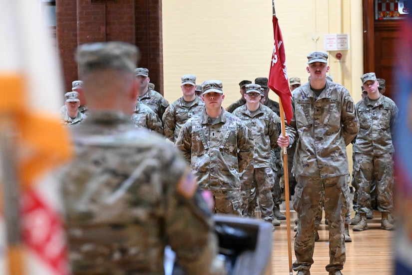 Soldiers assigned to the 152nd Engineer Support Company stand in formation during their farewell ceremony at Connecticut Street Armory in Buffalo, New York, Jan. 2, 2025. The unit will train in Texas, before heading to Africa to support Joint Task Force-Horn of Africa.