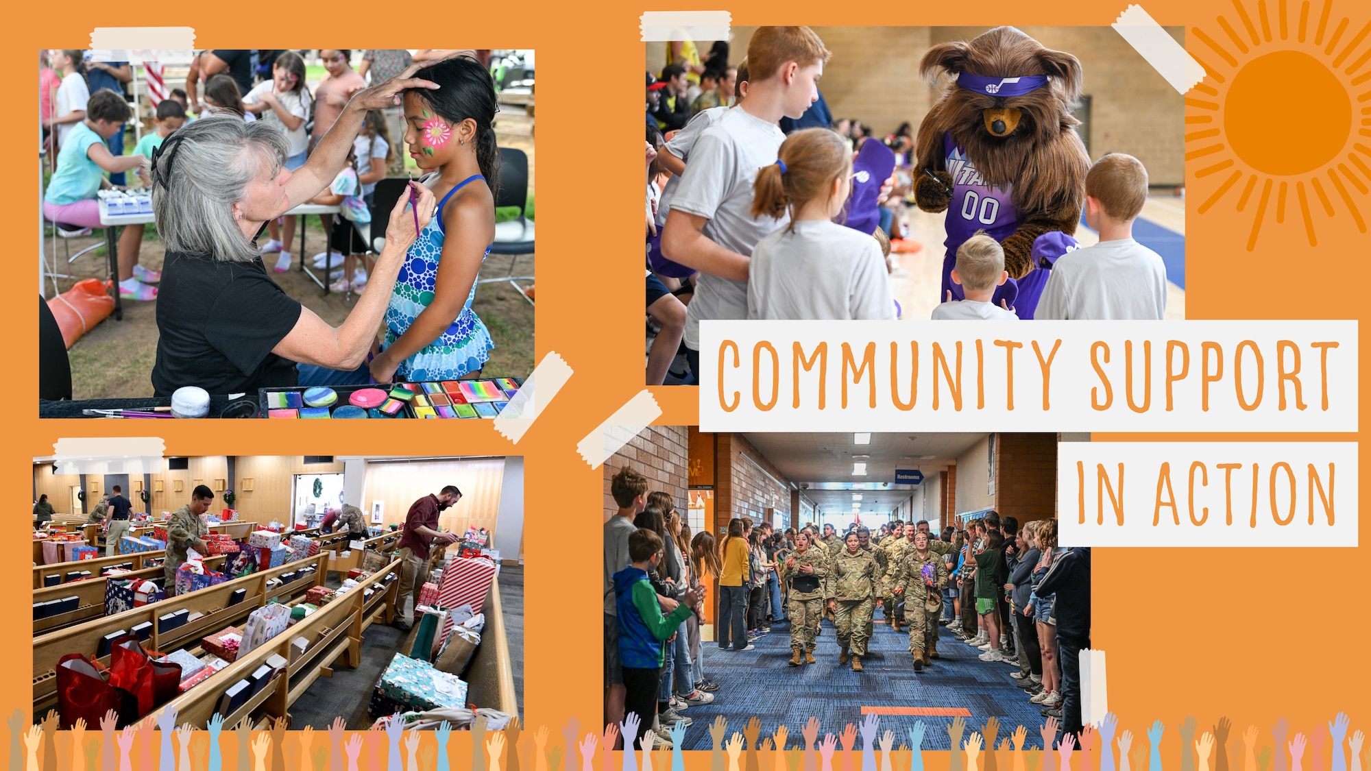 Graphic titled 'Community Support in Action' with four photos depicting community engagement at Hill Air Force Base: a girl getting her face painted, the Jazz Bear signing autographs, volunteers sorting gifts for the Angel Tree program, and junior Airmen marching in a parade.
