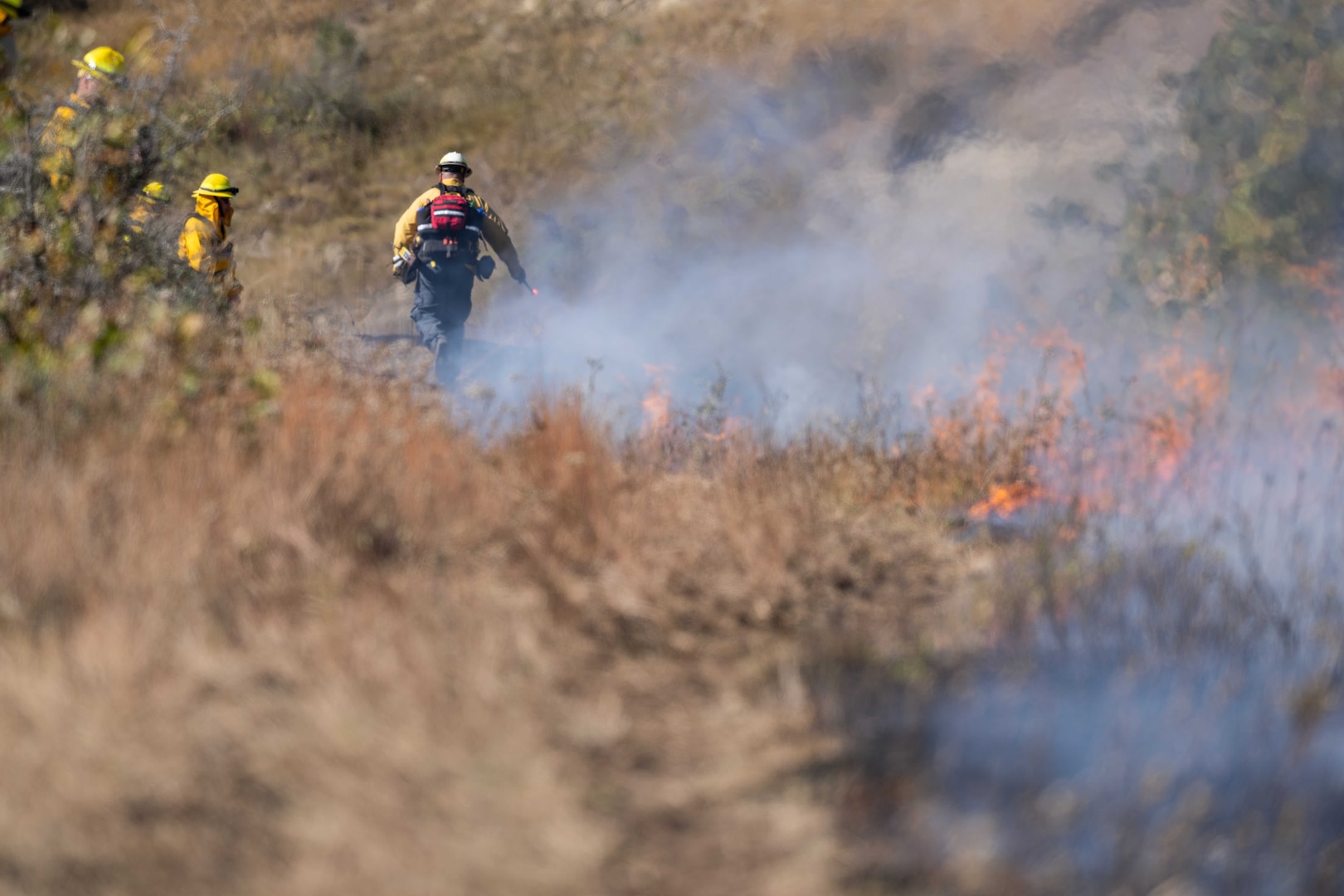 Service members wearing wildland fire gear manage a fire.
