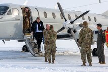 U.S. Air Force Lt. Gen. Stephen Jost, U.S. Forces Japan and 5th Air Force commander, is greeted by Col. Paul Davidson, 35th Fighter Wing commander, at Misawa Air Base, Japan, Dec. 16, 2024. Jost toured the installation to engage with leaders and community members and discuss mission alignment, address challenges, and identify opportunities for improvement in quality of life and overall base operations. (U.S. Air Force photo by Staff Sgt. Kelsea Caballero)