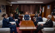 U.S. Air Force Lt. Gen. Stephen Jost, U.S. Forces Japan and 5th Air Force commander, center, attends a meeting hosted by Yoshinori Kohiyama, Misawa City Mayor, at Misawa City Hall in Misawa City, Japan, Dec. 16, 2024. Jost’s visit highlights the U.S. military's commitment to its host communities as a vital partner in accomplishing its mission and ensuring regional stability. (U.S. Air Force photo by Staff Sgt. Kelsea Caballero)