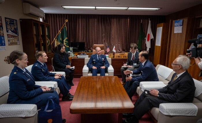 U.S. Air Force Lt. Gen. Stephen Jost, U.S. Forces Japan and 5th Air Force commander, center, attends a meeting hosted by Yoshinori Kohiyama, Misawa City Mayor, at Misawa City Hall in Misawa City, Japan, Dec. 16, 2024. Jost’s visit highlights the U.S. military's commitment to its host communities as a vital partner in accomplishing its mission and ensuring regional stability. (U.S. Air Force photo by Staff Sgt. Kelsea Caballero)