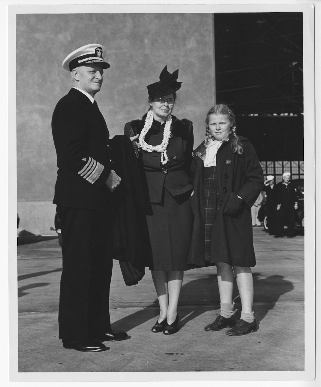 Fleet Admiral Chester W. Nimitz (left) with his wife, Catherine F. Nimitz (center), and daughter, Mary Nimitz, on 9 December 1942. Courtesy National Museum of the Pacific War Digital Archive.