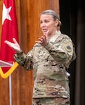 Newly promoted Chief Warrant Officer Five Amanda Lindsay thanks friends, family, and fellow Soldiers for their support throughout her 33-year military career during a promotion ceremony Jan. 3 at the Illinois Military Academy, Camp Lincoln, Springfield.