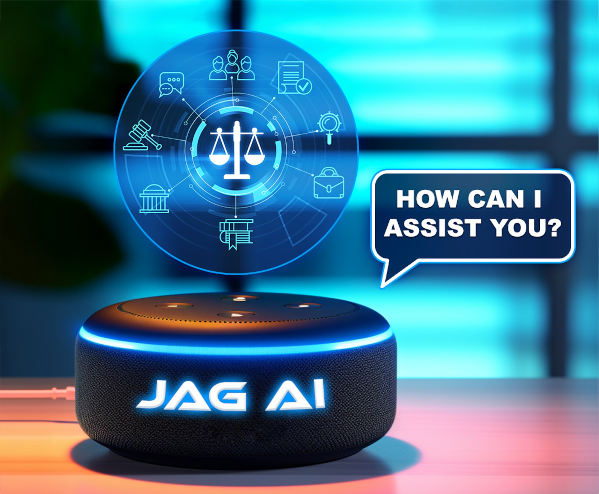 Futuristic AI legal concept. Smart device providing legal assistance [image is not public domain].