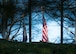 Two flags are seen above the top of bushes as the flags are carried by service members marching in formation in the distance.