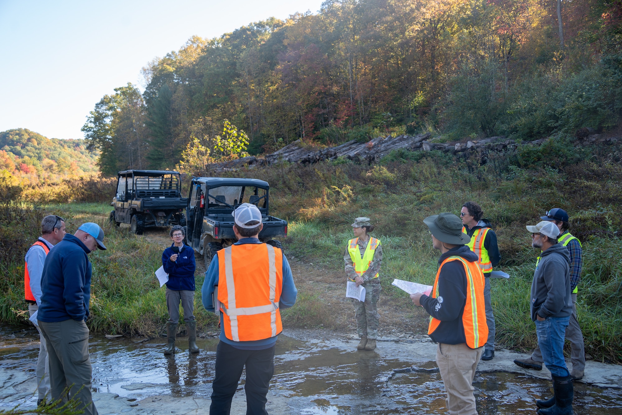 U.S. Army Corps of Engineers Louisville District Commander, Col. Reyn Mann, along with Regulatory Division Chief, Eric Reusch, and senior project manager, Patti Grace-Jarrett, met with board members from the Kentucky Ecological Restoration Association (KERA) at Rolling Fork Stream and Wetland Mitigation Bank near Bradfordsville, Kentucky,  The site visit reinforced the Louisville District’s commitment to cultivating partnerships that support the district’s compensatory mitigation mission.