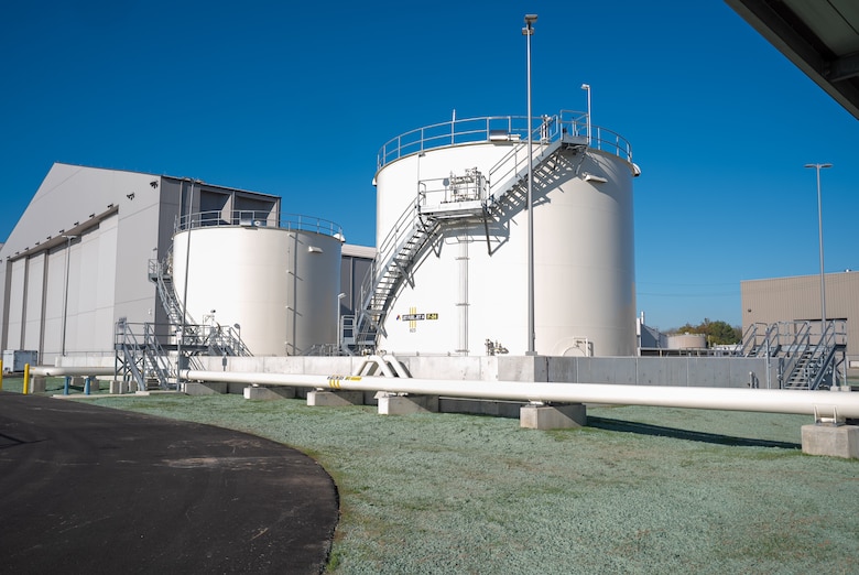 Two 2.1 million-gallon above-ground fuel tanks replace underground tanks as part of the fuel hydrant upgrade at WPAF