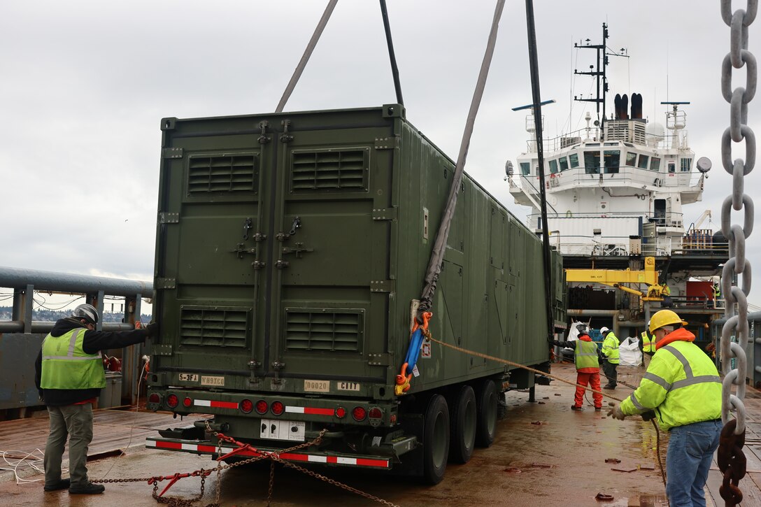 A U.S. Mid-Range Capability System assigned to Charlie Battery, 5th Battalion, 3rd Field Artillery, Long Range Fires Battalion, 1st Multi-Domain Task Force is loaded onto a chartered vessel at Port of Tacoma, Wash., Nov. 13, 2024.