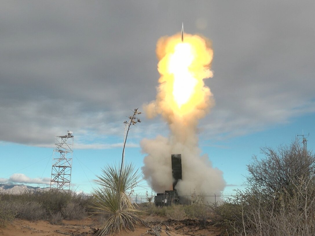 A U.S. Army Mid-Range Capability System fires a Standard Missile-6 at White Sands Missile Range, N.M. on Nov. 8, 2024. This is the first time the Mid-Range Capability has been fired using organic Army sensors and organic Army shooters.