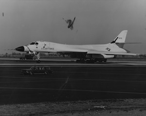 A B-1A prototype taxiing on the tarmac before being cancelled by President Jimmy Carter.