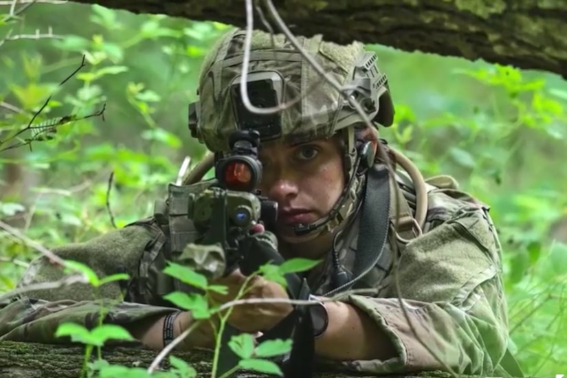 An airman looks through a scope surrounded by shrubbery.