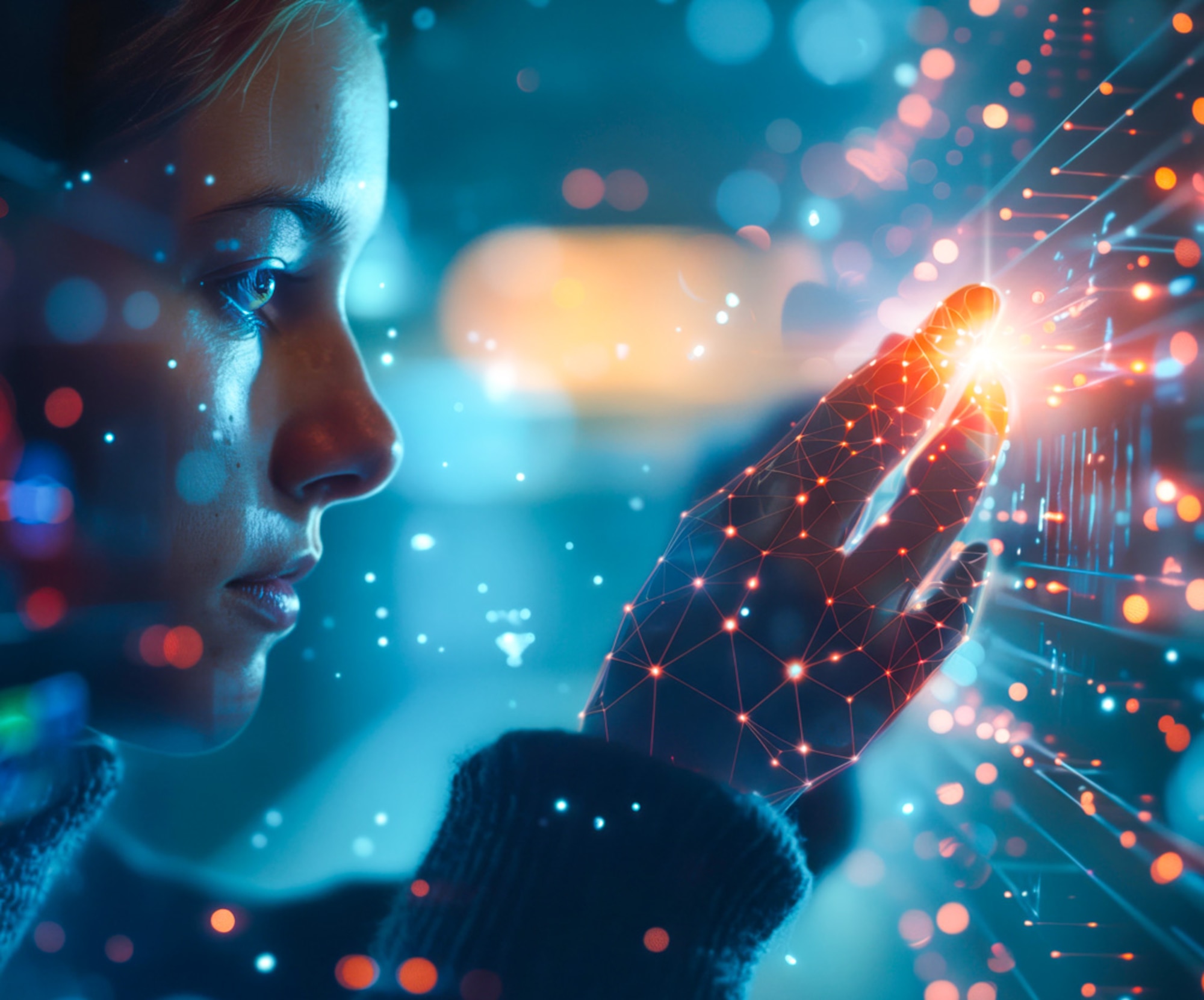 Woman interacts with a hologram of computer data created with artificial intelligence  [image is not public domain].