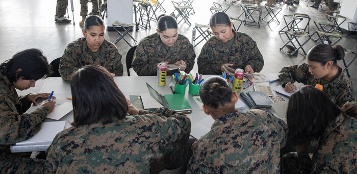 U.S. Marines and recruits with Special Training Company make holiday cards for operation happy holiday at MCRD San Diego, California, Dec. 16, 2024. The Mascot’s job is to boost morale, participate in outreach work and attend events and ceremonies.  Marine Corps Community Services, MCRD San Diego, hosted operation happy holiday to spread holiday cheer to recruits and Marines who will be away from family for the holiday season. (U.S. Marine Corps photo by Cpl. Sarah M. Grawcock)