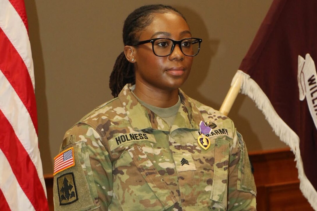 Sgt. Aneska Holness, after receiving the Purple Heart at Ft Bliss on Dec 4, 2024.