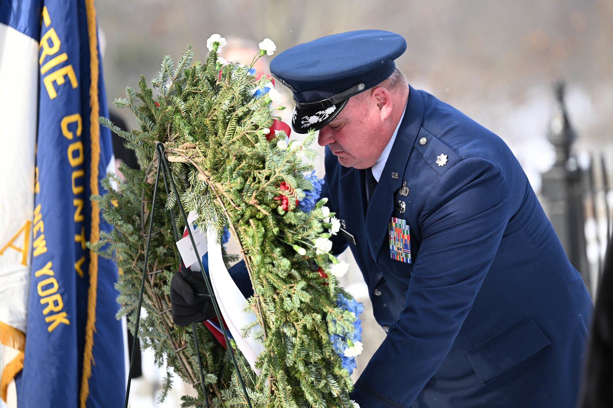 Lt. Col. William Gourlay, 107th Mission Support Group commander, New York Air National Guard, lays the presidential wreath on Millard Fillmore's grave, Jan. 7, 2025, in Buffalo, New York.