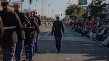 U.S. Marine Corps Warrant Officer Megan Harper, band officer, Marine Band San Diego, marches with the West Coast Composite Band in the 136th Rose Parade in Pasadena, California, Jan. 1, 2025. The Rose Parade, created to showcase the beauty of Pasadena, is part of an annual celebration, Tournament of Roses, that includes various floats, bands, dancers and equestrian units. The Marine Corps has served the Nation honorably for 250 years. Marines embody the uncompromising standards and characteristics of honor, courage and commitment. (U.S. Marine Corps photo by Cpl. Alexandra M. Earl)