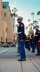 The U.S. Marine Corps' West Coast Composite Band stands in formation during the 136th Rose Parade in Pasadena, California, Jan. 1, 2025. The Rose Parade, created to showcase the beauty of Pasadena, is part of an annual celebration, Tournament of Roses, that includes various floats, bands, dancers, and equestrian units. The Marine Corps has served the Nation honorably for 250 years. Marines embody the uncompromising standards and characteristics of honor, courage and commitment. (U.S. Marine Corps photo by Cpl. Alexandra M. Earl)