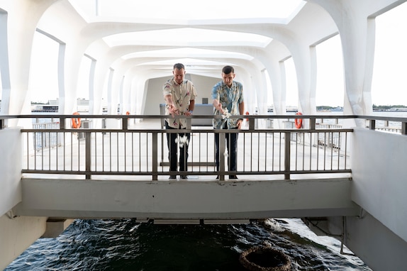 Lt. Gen. Joshua M. Rudd, left, deputy commander of U.S. Indo-Pacific Command, hosts Lithuanian Chief of Defence Gen. Raimundas Vaikšnoras, right, for a tour of Pearl Harbor and the USS Arizona Memorial, Jan. 7, 2025.