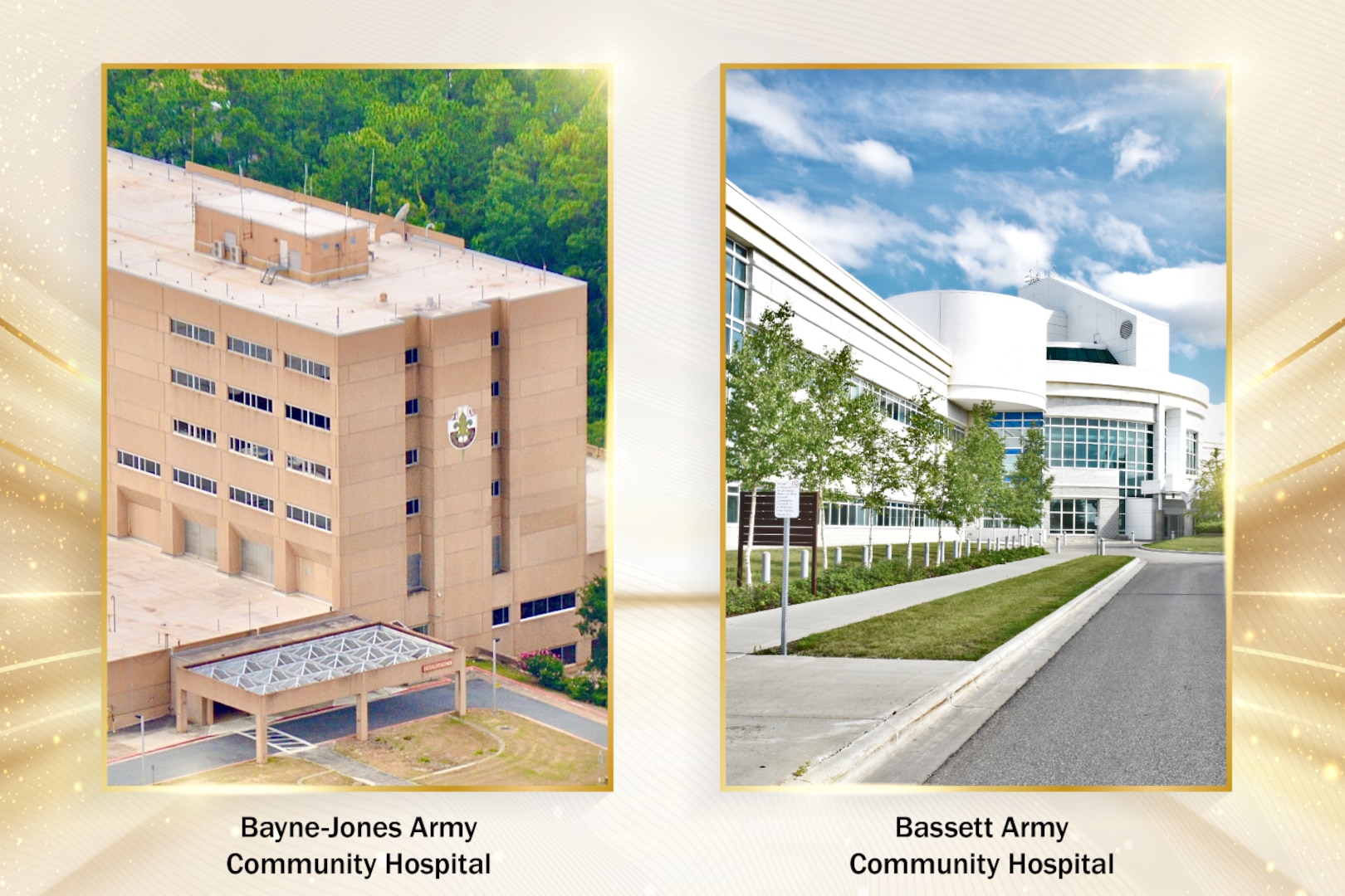 Images of Bayne-Jones Army Community Hospital and Bassett Army Community Hospital.