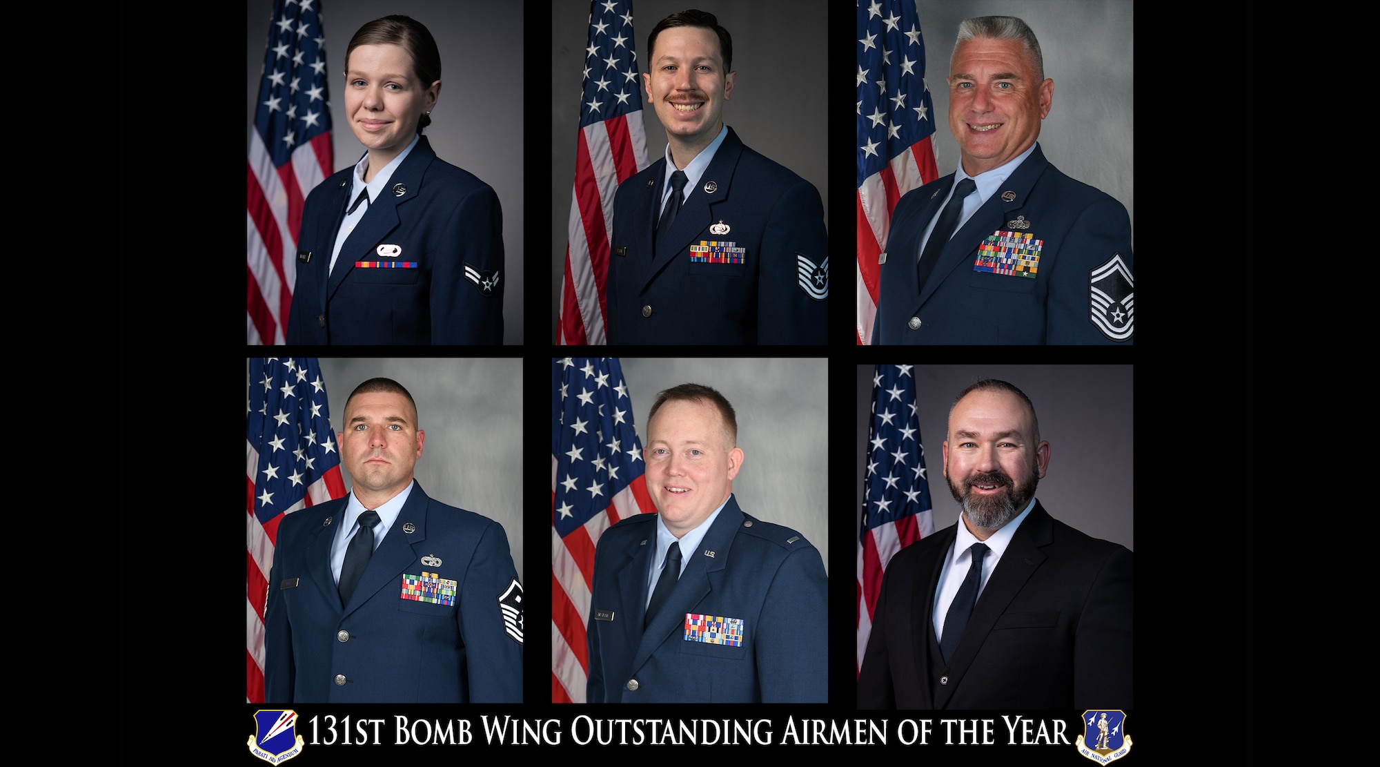 Photo collage of six Air National Guard Airmen in service dress uniforms. Text below them reads "131st Bomb Wing Outstanding Airmen of the Year."
