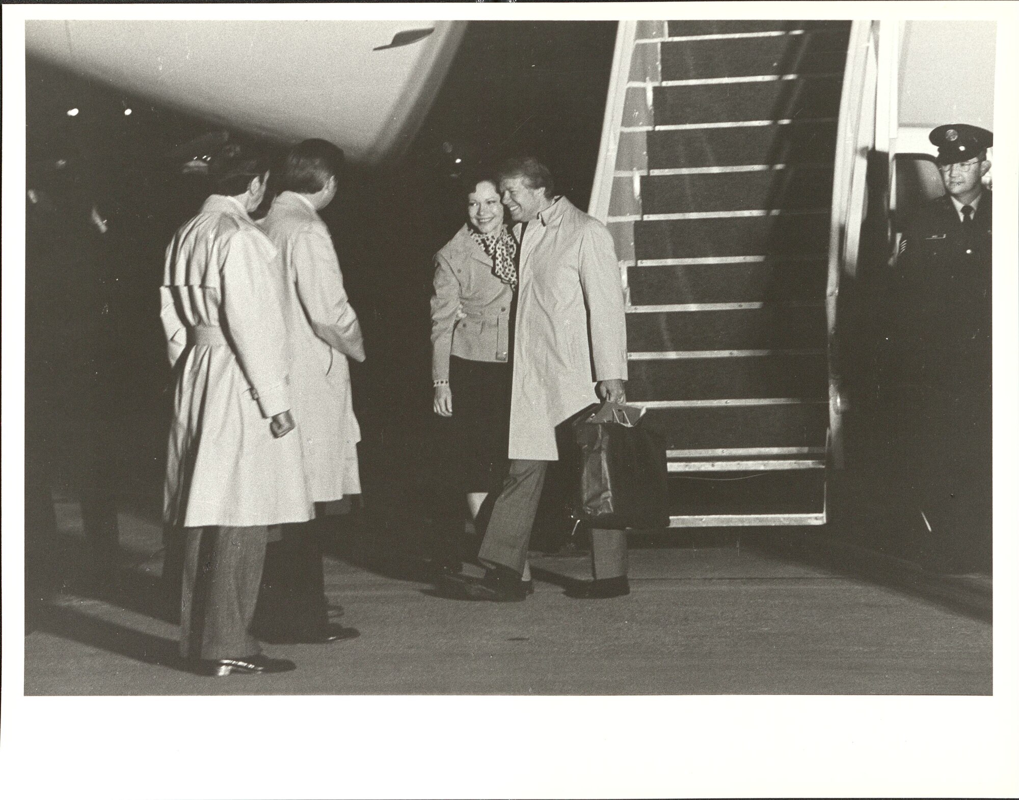 President Jimmy Carter receives a welcome hug and smile from his wife Rosalyn on the Andrews Air Force Base, Maryland, flightline in May 1977. The President was returning to the U.S. from his first trip abroad as Chief Executive. (Courtesy photo)