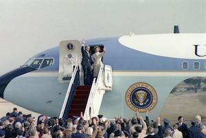 Former President Jimmy Carter and first lady Roslynn Carter wave before departing Andrews Air Force Base, Maryland, after President Ronald Reagan's inauguration, Jan. 20, 1981. (DoD photo from RG 330 Office of the Secretary of Defense Combined Military Service Digital Photographic Files)