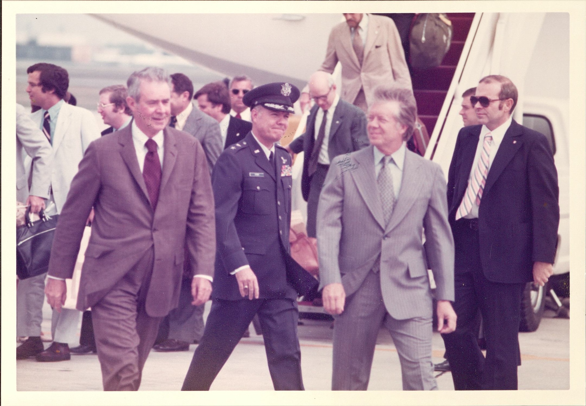 Secretary of State Cyrus Vance and President Jimmy Carter arrive at Andrews Air Force Base, Maryland, in the late 1970s. As commander in chief, Carter arrived at or departed from Andrews nearly 200 times. (U.S. Air Force photo from 316th Wing History Office)