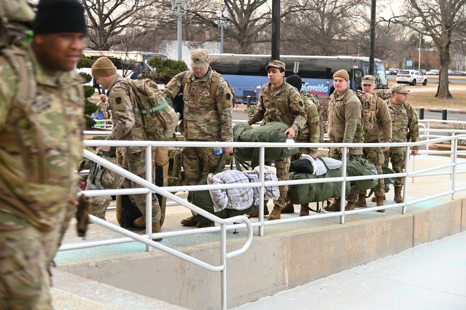 Members of the Maryland National Guard and Pennsylvania National Guard arrive to the D.C. Armory to prepare for the joint reception station onward integration (JRSOI) in preparation for the electoral certification mission, Jan. 5, 2024. The Counting and Certification of Electoral Votes was designated a National Special Security Event (NSSE).