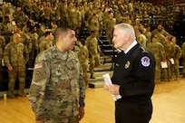 Maj. Gen. John C. Andonie, Commanding General, District of Columbia National Guard and Chief J. Thomas Manger, Chief of the United States Capitol Police, have a conversation shortly after the deputization of approximately 500 soldiers from the Maryland National Guard, Pennsylvania National Guard, and District of Columbia National Guard at the D.C. Armory, Washington D.C, January 6, 2025. The service members were supporting civil authorities and the Counting and Certification of Electoral Votes, which has been designated as a National Special Security Event. (U.S. Army National Guard Photo by Sgt. 1st Class Brandon Ames)