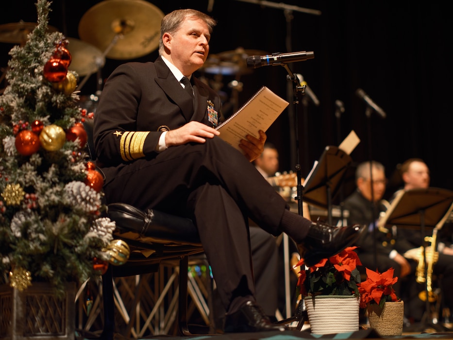 Vice Admiral Fred W. Kacher, Commander, U.S. 7th Fleet, joins the U.S. 7th Fleet Band and Japan Maritime Self-Defense Force Yokosuka band for a special reading of "'Twas the Night Before Christmas" at the joint concert, Together For The Holidays, in Commander, Fleet Activities Yokosuka's Benny Decker Theater Sunday, December 15, 2024.