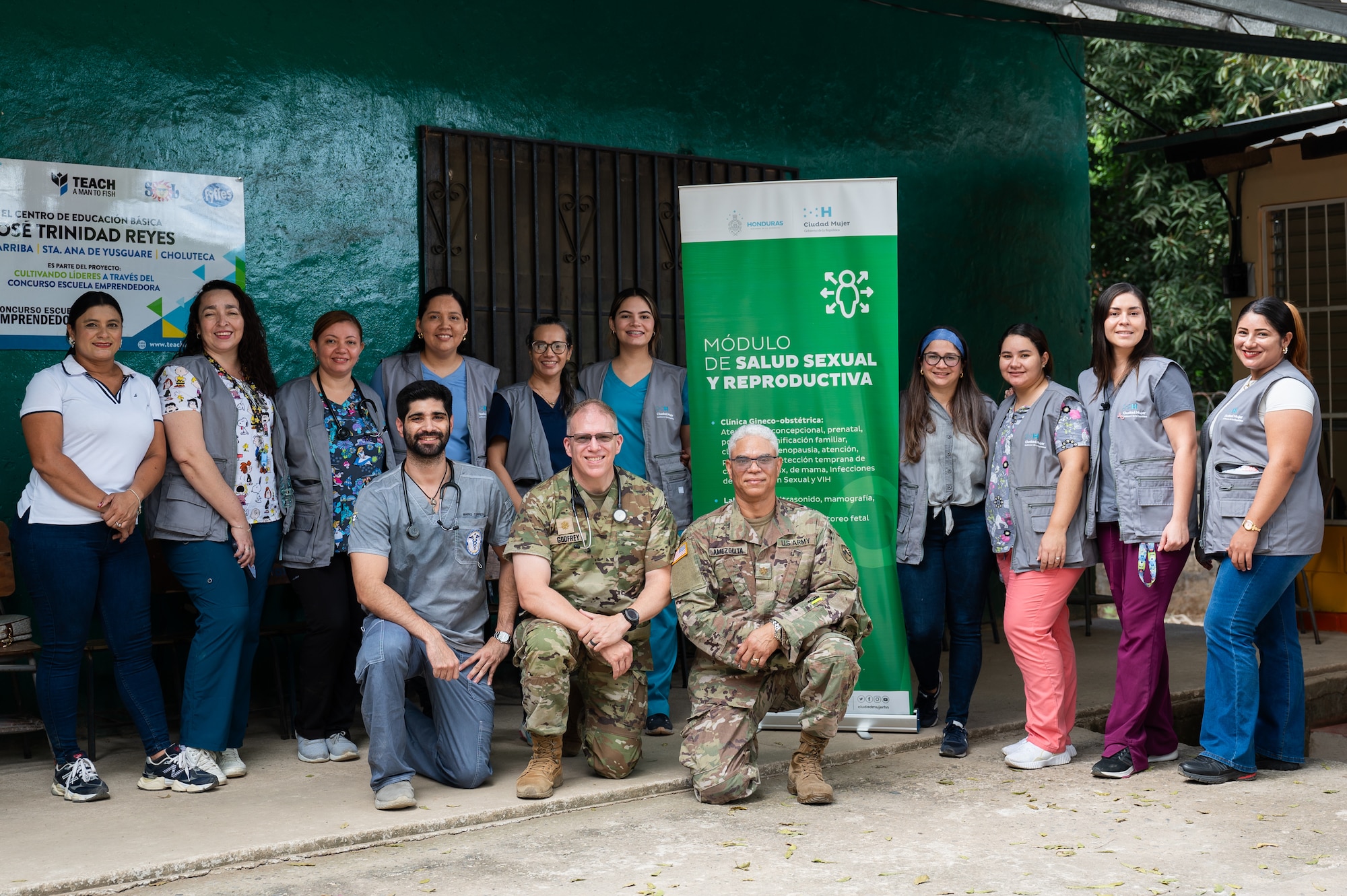 Two Joint Task Force-Bravo 349th Medical Detachment medical providers pose for a photo with Honduran medical personnel at Choluteca, Honduras, January 7, 2025.