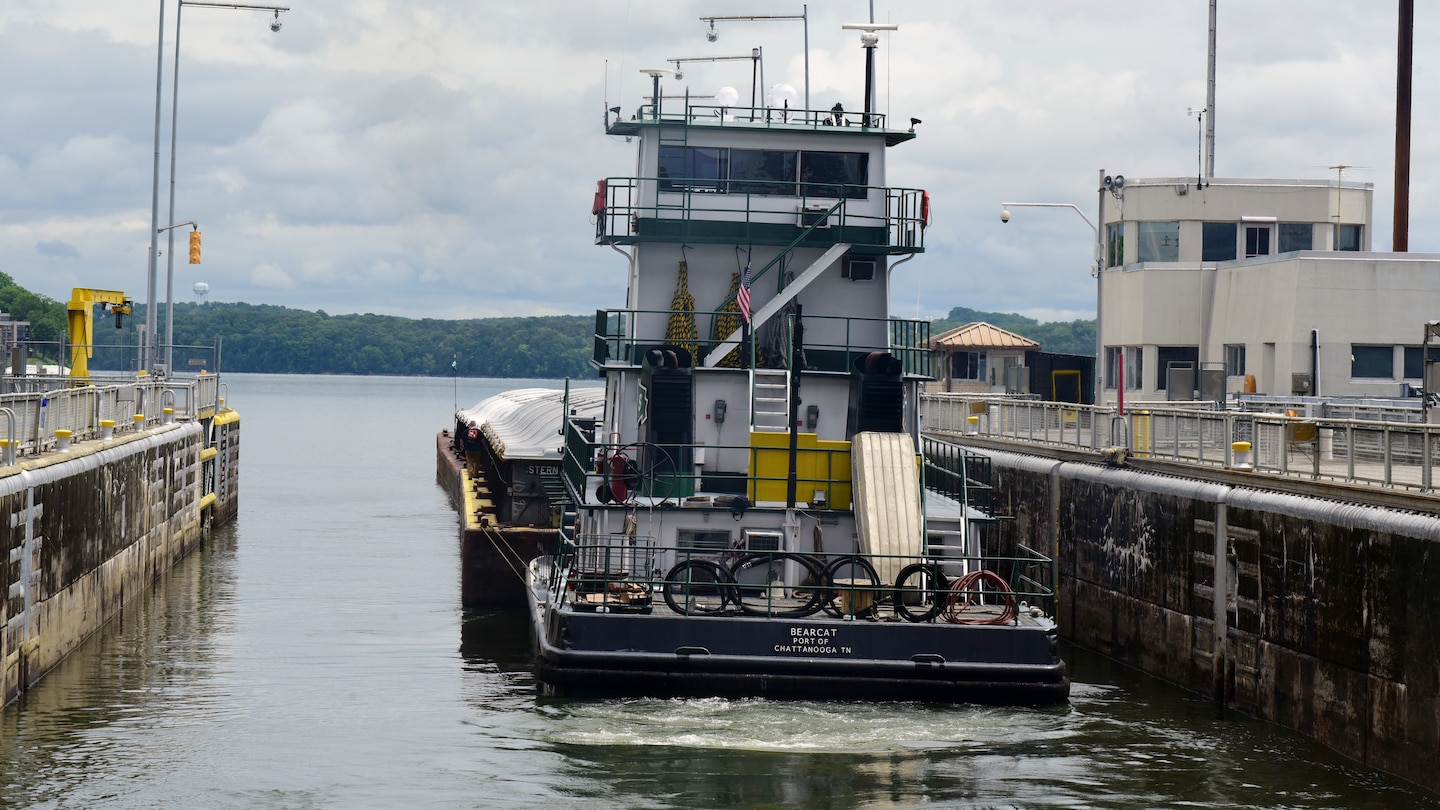 The Motor Vessel Bearcat our of Port of Chattanooga navigates through Chickamauga Lock on the Tennessee River in Chattanooga, Tennessee. The U.S. Army Corps of Engineers Nashville District operates and maintains the navigation lock at the Tennessee Valley Authority project. (USACE Photo by Lee Roberts)