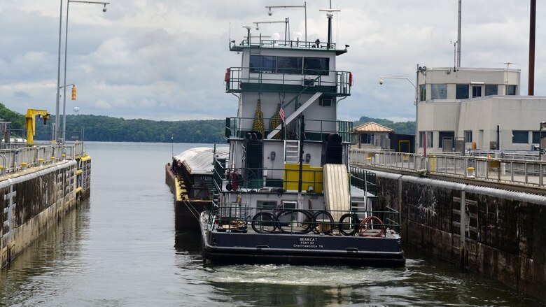 The Motor Vessel Bearcat our of Port of Chattanooga navigates through Chickamauga Lock on the Tennessee River in Chattanooga, Tennessee. The U.S. Army Corps of Engineers Nashville District operates and maintains the navigation lock at the Tennessee Valley Authority project. (USACE Photo by Lee Roberts)