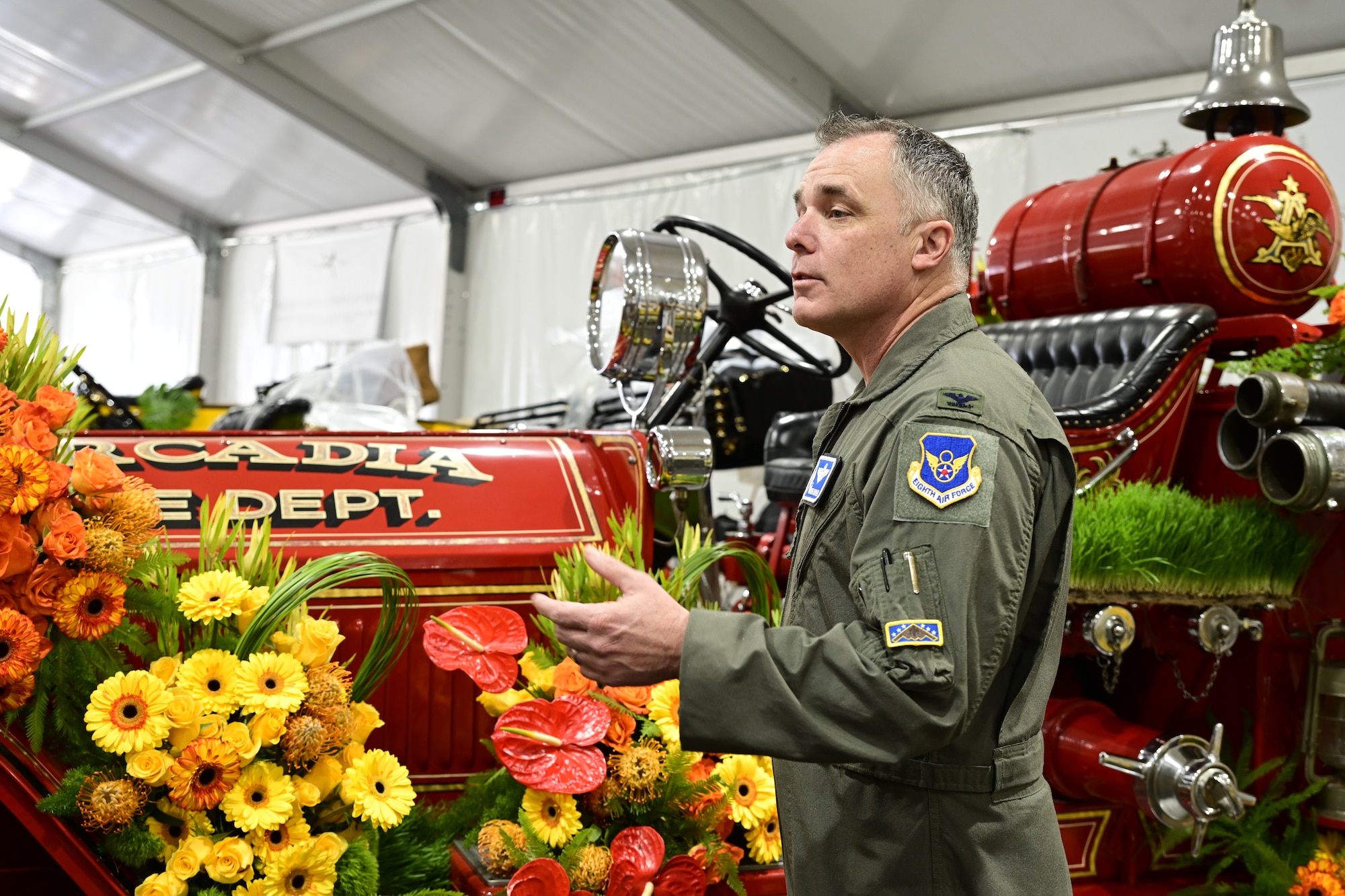 U.S. Air Force Col. Keith Butler, 509th Bomb Wing commander, meets with the designers, engineers, and volunteers for the 2005 Rose Parade, Pasadena, California Dec. 30, 2024. Airmen from the 509th Bomb Wing participated in the Tournament of Roses Parade and the Rose Bowl to engage with the community and showcase the professionalism, readiness, and dedication of the U.S. Air Force. (U.S. Air Forces photo by Tech. Sgt. Heather Salazar)