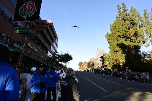 A B-2 Spirit flies over the 2025 Rose Parade, Pasadena, California, Jan. 1, 2025.  Airmen from the 509th Bomb Wing participated in the Tournament of Roses Parade and the Rose Bowl to engage with the community and showcase the professionalism, readiness, and dedication of the U.S. Air Force. (U.S. Air Forces photo by Tech. Sgt. Heather Salazar)