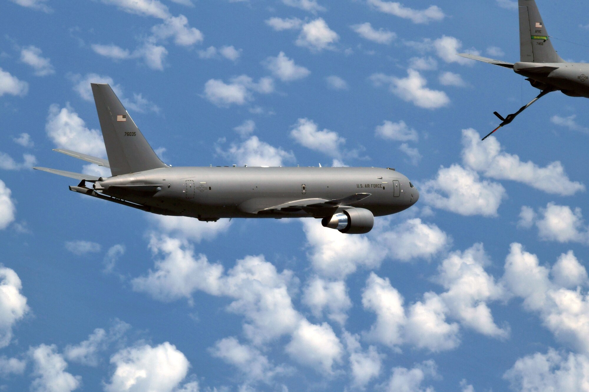 Aircrews from the 77th Air Refueling Squadron out of the 916th Air Refueling Wing flies two KC-135 Stratotankers to rendezvous with a KC-46A Pegasus from the 22 ARW operating out of Pease Air Force Base, Portsmouth, New Hampshire, Aug. 4, 2019.