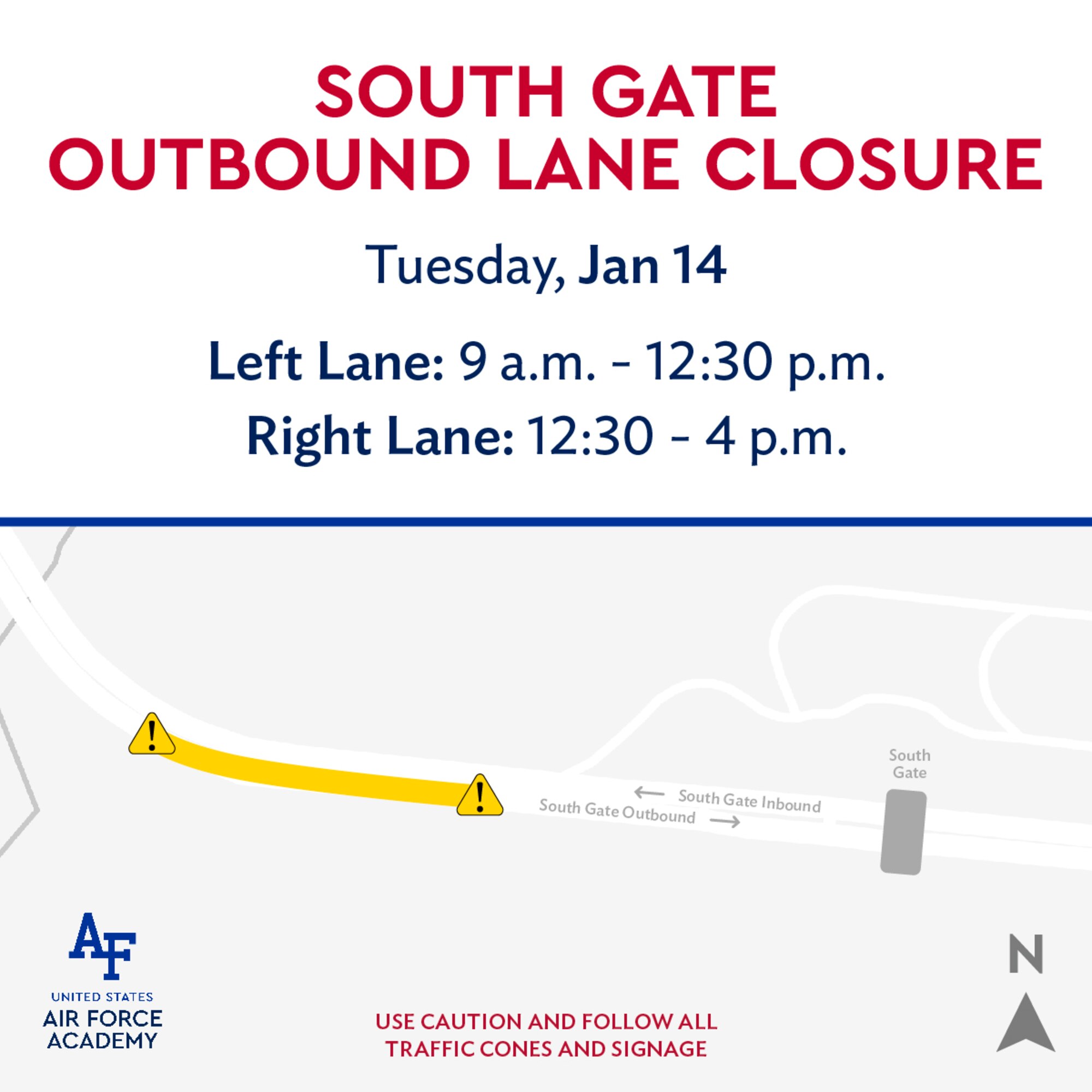South Gate lane closures are scheduled for January 14 - 15 to perform maintenance on the Active Vehicle Barriers.