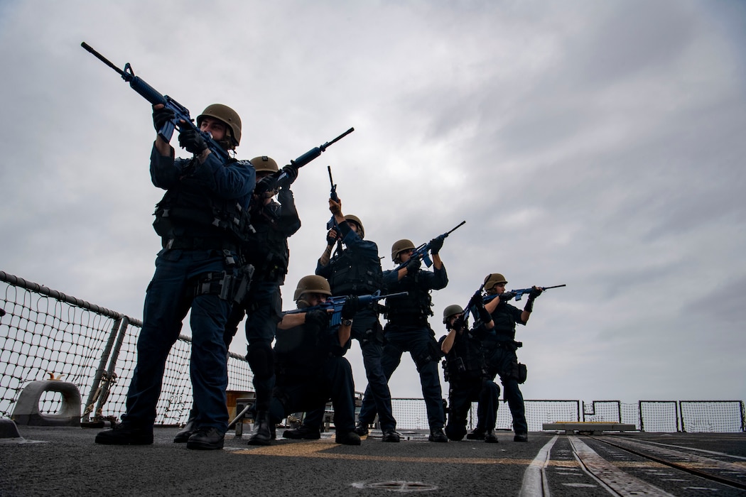 The Visit Board Search and Seizure (VBSS) team participates in a VBSS drill on the flight deck aboard the Arleigh Burke-class guided-missile destroyer USS Sterett (DDG 104), Jan. 9, 2025.