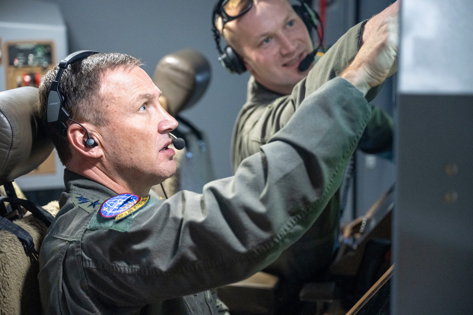 Gen. John Lamontagne, Air Mobility Command commander, gets a look at the air refueling station on board a KC-46A Pegasus assigned to McConnell Air Force Base, Kansas, Jan. 8, 2025. Lamontagne spent two days at McConnell learning about the advances of the air refueling mission and engaging with Airmen. (U.S. Air Force photo by Senior Airman Felicia Przydzial)