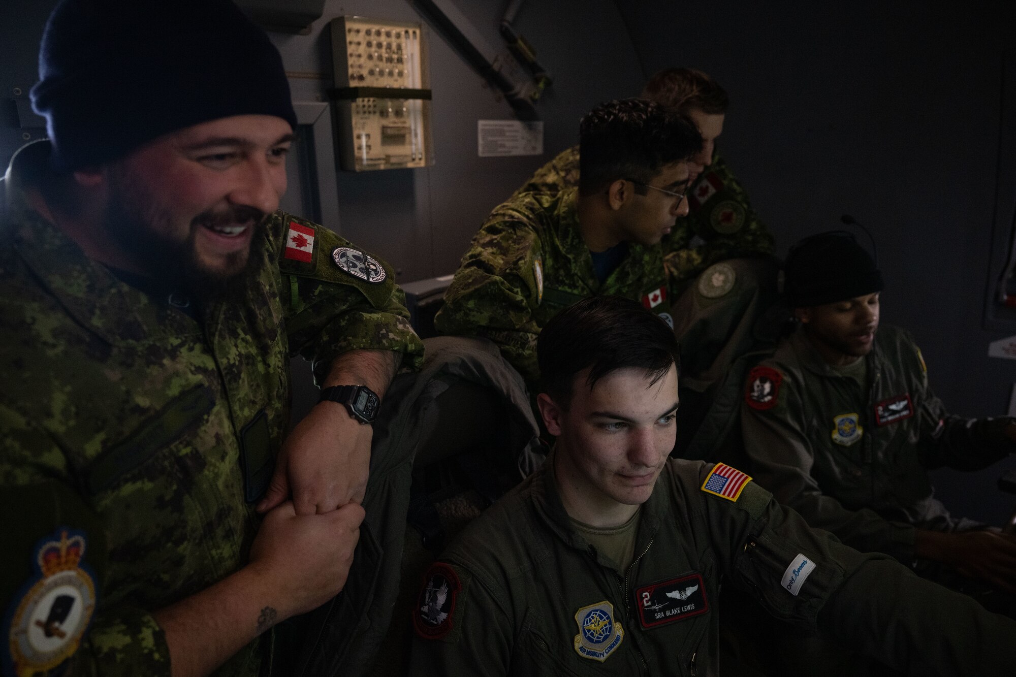 U.S. Air Force Airmen assigned to the 305th Air Mobility Wing demonstrate air refueling techniques for Royal Canadian Air Force members aboard a KC-46A Pegasus aircraft over Saguenay-Lac-Saint-Jean, Quebec, Nov. 14, 2024. The joint training focused on the capabilities of the KC-46 Pegasus aircraft, with a significant emphasis on aerial refueling—a critical specialty the RCAF is poised to adopt and begin operations in 2027. (U.S. Air Force photo by Tech. Sgt. Monica Roybal)