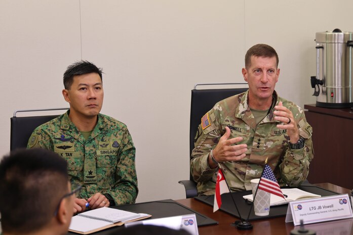 U.S. Army Pacific Deputy Commanding General Lt. Gen. Joel B. Vowell and Chief of Staff, General Staff, Brig. Gen. Tan Cheng Kwee, discussed future opportunities during the Singaporean and U.S. Army Land Force Talks on Jan. 8, 2025.
