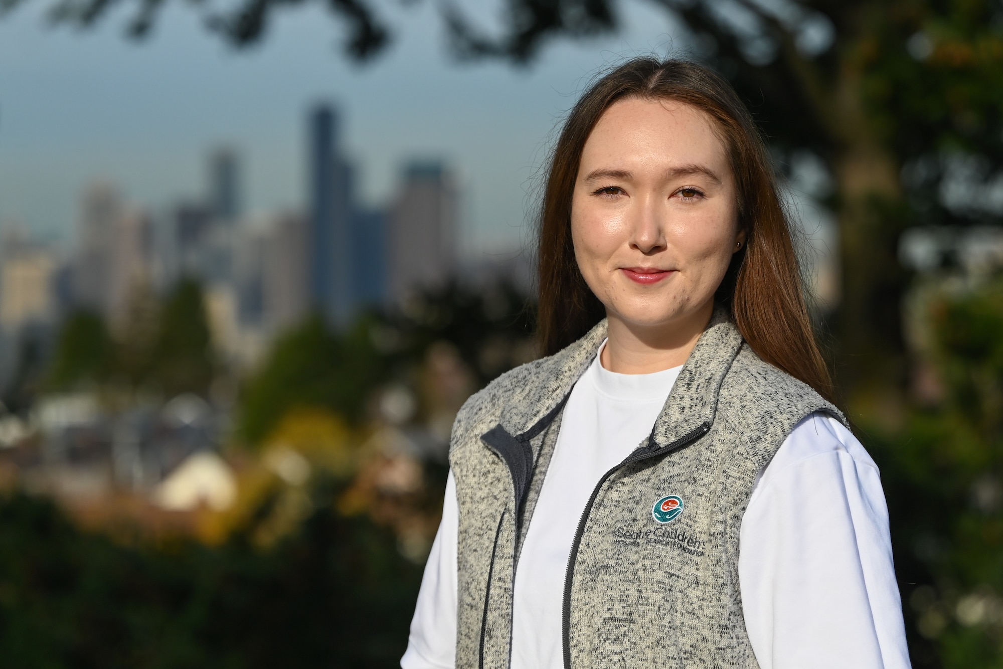U.S. Air Force Master Sgt. Lorra Hernon, first sergeant at the 446th Force Support Squadron and a pediatric nurse for the Odessa Brown Children's Clinic, poses for a photo on Jefferson Park, Seattle, Washington.