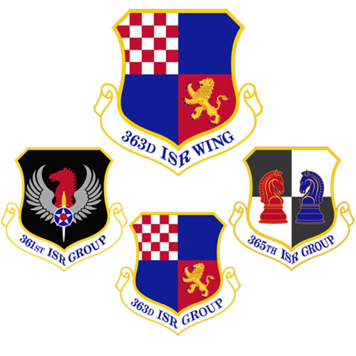 Four emblems of the 363d ISR Wing, 363d ISR Group, 365th ISR Group and 361st ISR Group are shown.