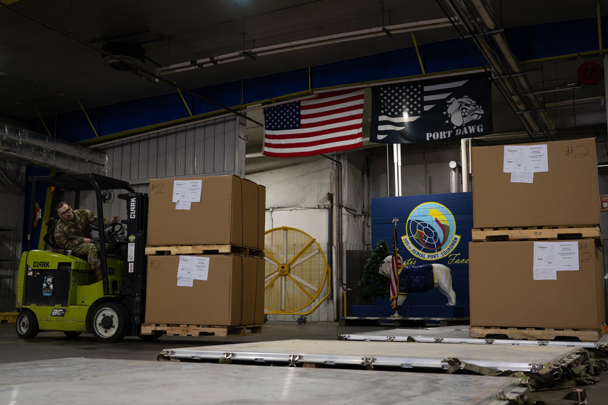 U.S. Air Force Senior Airman Joshua Masczak, 305th Aerial Port Squadron special handling specialist, loads food rations onto pallets at Joint Base McGuire-Dix-Lakehurst, N.J., Jan. 8, 2025. The 305th APS supports an ongoing mission to U.S. European Command area of operations where essential goods are supplied to sustain their mission. (U.S. Air Force photo by Senior Airman Aidan Thompson)