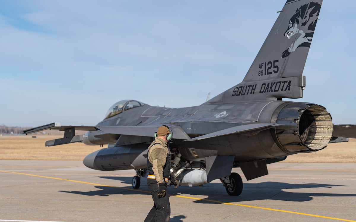 U.S. Air National Guard 1st Lt. Seth Chambers, pilot, 163rd Fighter Squadron, taxis to the runway during a morning sortie at Joe Foss Field, South Dakota, Jan. 8, 2025. The 114th Fighter Wing and 122nd Fighter Wing are exchanging jets for training.