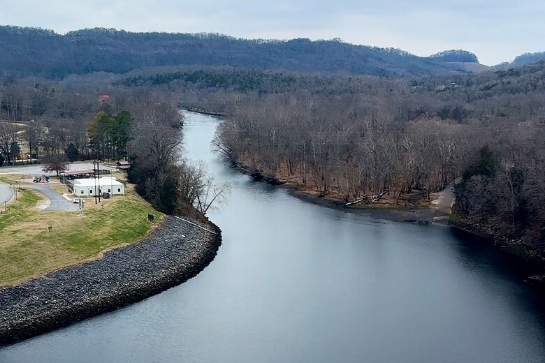 Aerial view of the Caney Fork River taken from atop Center Hill dam in Lancaster, Tennessee on Jan. 8, 2024.