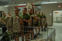 U.S. Marine Corps recruits with India Company, 3rd Recruit Training Battalion, turn in their uniforms during their first uniform fitting at Marine Corps Recruit Depot San Diego, California, Jan. 7, 2025. Recruits are fitted several times throughout recruit training to ensure their uniforms are as ready as possible for wear as United States Marines. (U.S. Marine Corps photo by Lance Cpl. Jacob B. Hutchinson)